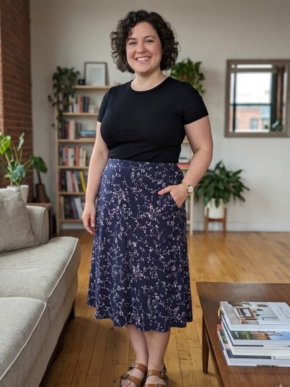 J. Jill | Navy A-Line Skirt with Pink and White Floral Vine Print Size Petite L